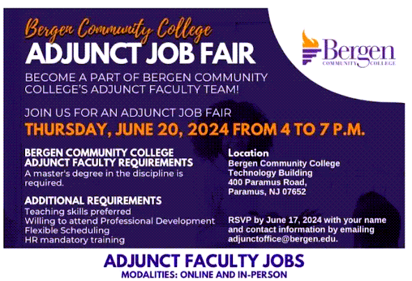 Bergen Community College Adjunct Employment Opportunities Job Fair - 6/20/24