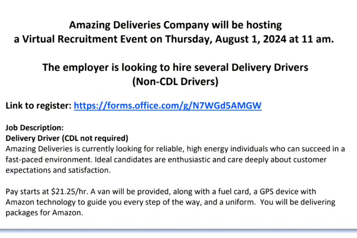 Delivery Drivers (Non-CDL) - Amazing Deliveries Virtual Recruitment Event - 8/1/24