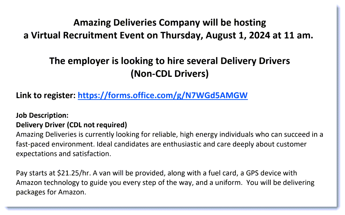 Delivery Drivers (Non-CDL) - Amazing Deliveries Virtual Recruitment Event - 8/1/24