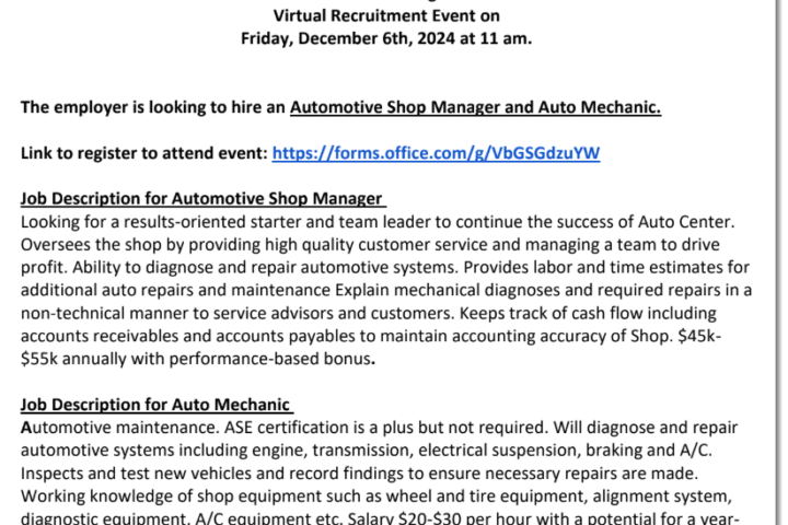 Mike's Auto Virtual Recruitment Event - 12/6/24