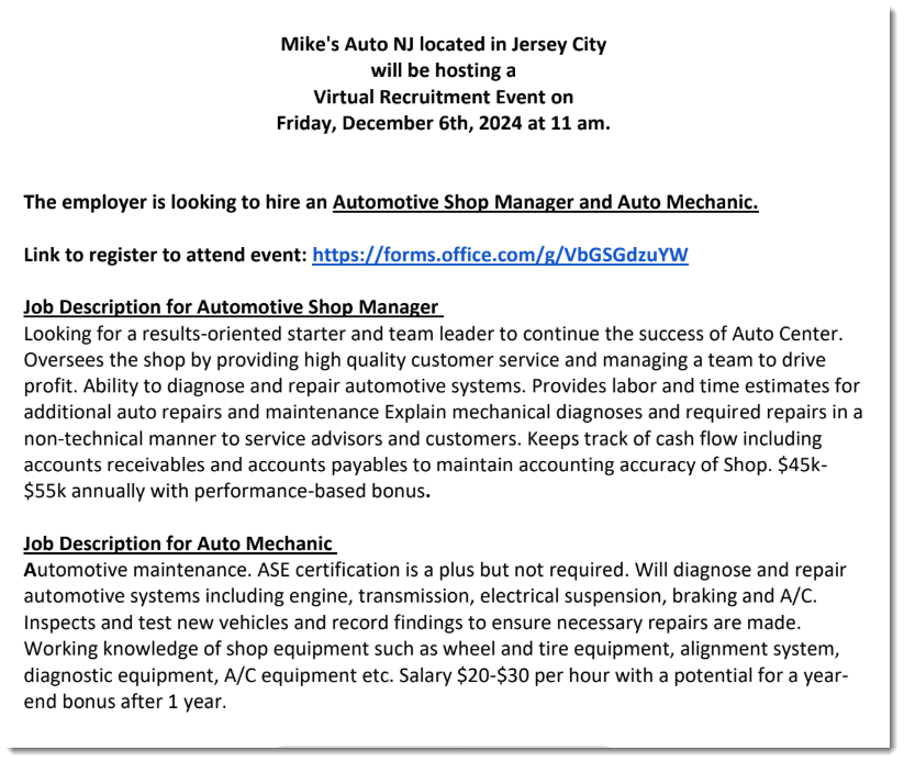 Mike's Auto Virtual Recruitment Event - 12/6/24