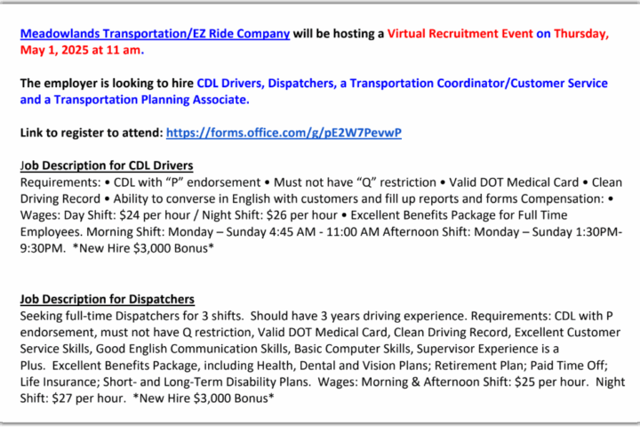 EZ Ride Virtual Recruitment Event – 5/1/25