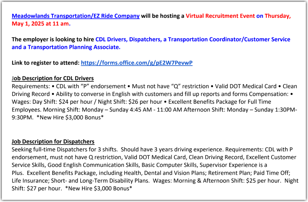 EZ Ride Virtual Recruitment Event – 5/1/25
