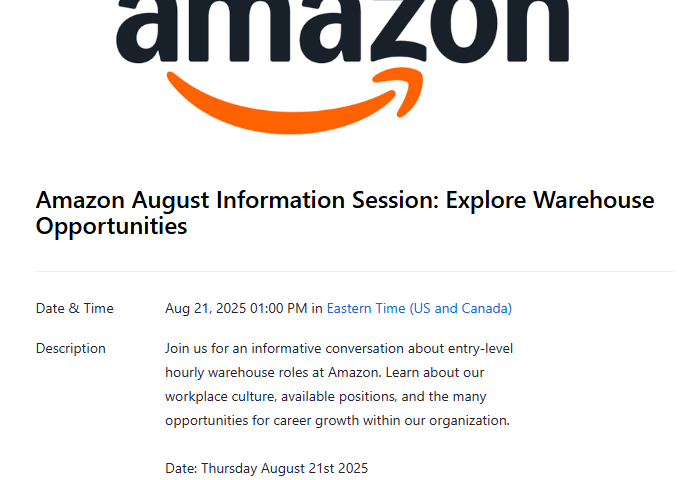 Amazon Warehouse Opportunities Information Session – 8/21/25