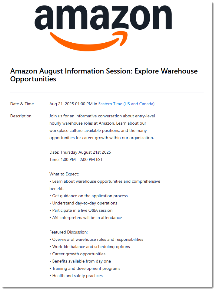 Amazon Warehouse Opportunities Information Session - 8/21/25
