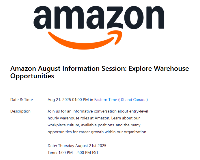 Amazon Warehouse Opportunities Information Session – 8/21/25