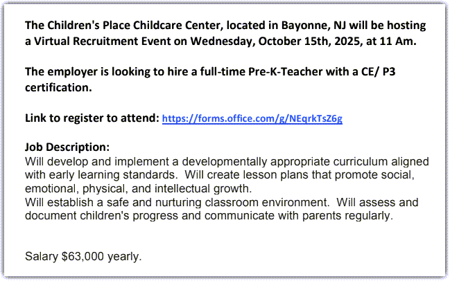 Children’s Place Childcare Center Virtual Recruitment Event – 10/15/25