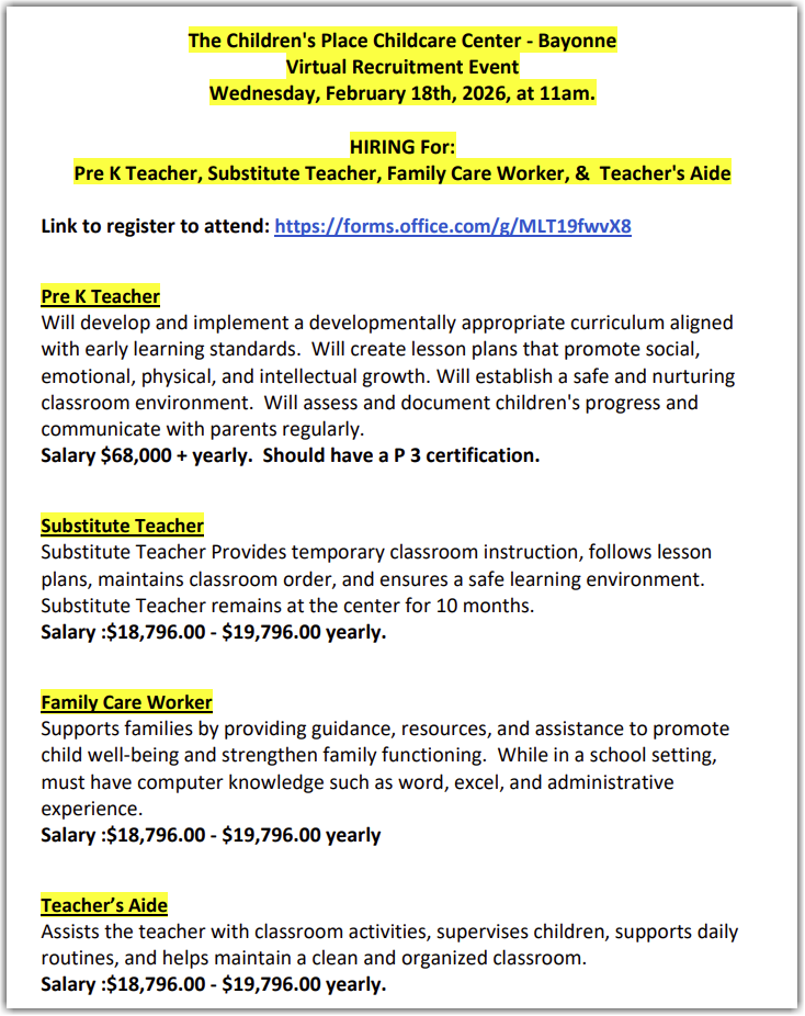 The Children’s Place Childcare Center Virtual Recruitment Event – 2/18/26