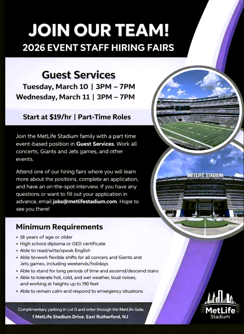 MetLife Stadium Hiring Fairs – 3/10 & 3/11/26