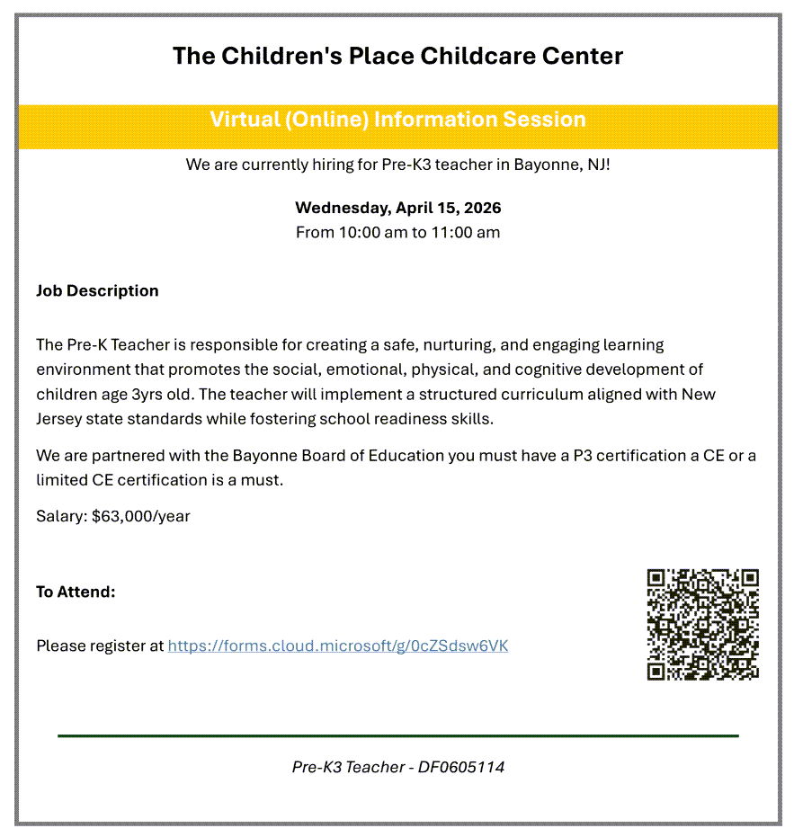 The Children Place Childcare Center Virtual Information Session – 4/15/26